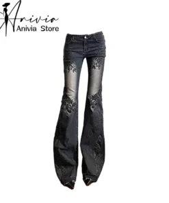 Women's Gothic Y2K Flare Jeans - Vintage Baggy Denim Trousers