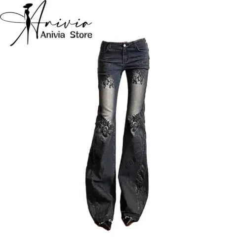 Women's Gothic Y2K Flare Jeans - Vintage Baggy Denim Trousers