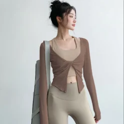 Long Sleeve Bow Yoga Shirts with V Neck and Breathable Fabric for Women Fitness and Running