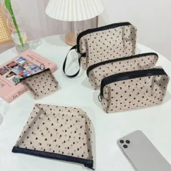 Transparent Mesh Makeup Bag with Heart Design for Portable Cosmetic Storage for Women