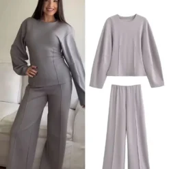 2-Piece Women's Set + Slimming Design + Round Neck Long-Sleeve Top and Casual Wide Leg Pants
