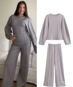 HH Women's 2-Piece Set Fashion Slimming Double-Sided Fabric Round Neck Long-Sleeve Top+Elegant Stretch Casual Wide Leg Pants