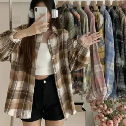 Alternative view of Plaid Shirt Women Vintage Long Sleeve Blouse Loose Check Top for Autumn Fashion