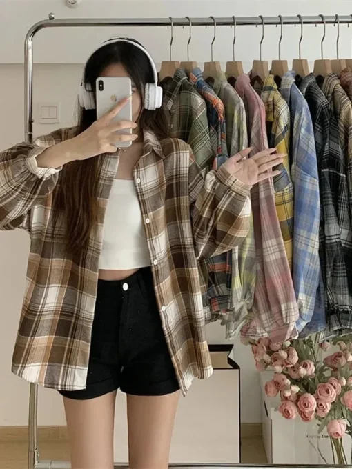 Plaid Shirt Women Vintage Long Sleeve Blouse Loose Check Top for Autumn Fashion - Image 2