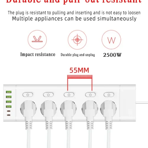 Alternative view of EU Plug Power Strip Multiple Independent Control Outlet Sockets 2m Extension Cord Electrical Socket with 4 USB 2 Type-C Ports