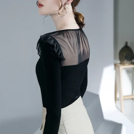 Long-Sleeved Velvet T-shirt with Mesh Panels for Women in Harajuku Fashion Style - Image 4