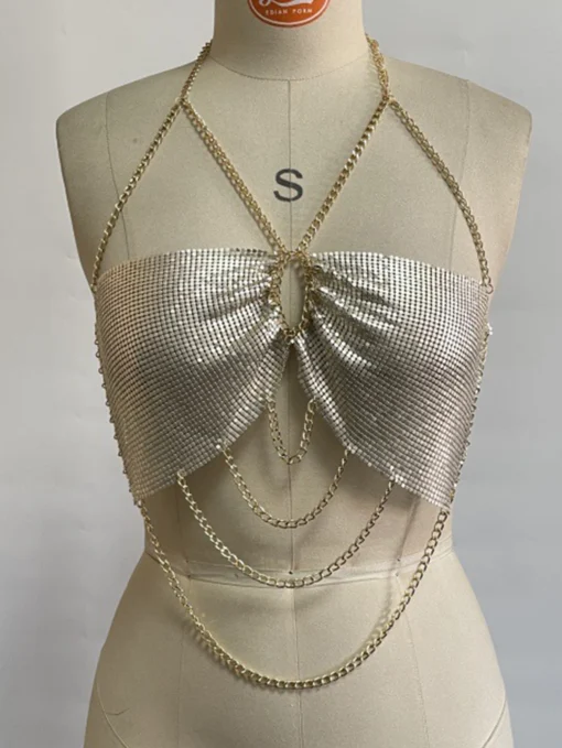 Metal Sequin Tank Top with Halter Neck for Women - Summer Corset Cropped Beach Top - Image 3