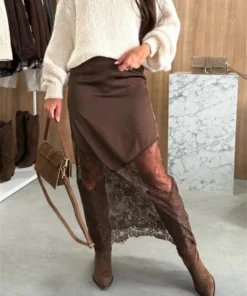 Trendix Women's Brown Patchwork Lace Maxi Skirt - High Waist, Slim Fit, Hollow Out Design