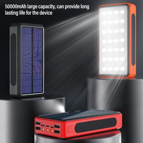 Solar Power Bank 50,000mAh - Portable Aluminum USB Charger with LED Light for Camping and Emergencies