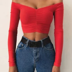 Long Sleeve Off Shoulder T-Shirt with Solid Color for Women in Autumn Fashion