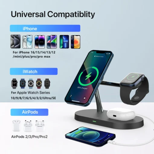 3-in-1 Wireless Charger Stand with Fast Charging for iPhone, Apple Watch, and AirPods - Image 3