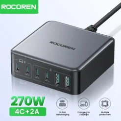 Rocoren 200W GaN Charger with PD Fast Charging, 270W 6-in-1 USB-C Power Station for iPhone 16/15 Pro Max and Xiaomi 14