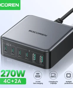 Rocoren 200W GaN Charger PD Fast Charging USB Type C Charger 270W 6 in 1 USBC Power Station For iPhone 16 15 Pro Max Xiaomi 14