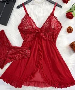 Summer Sexy Lingerie Dress Women Lace See Through Nightdress Sleepwear Solid Slim Soft V Neck Full Slip Sleepwear & Dresses