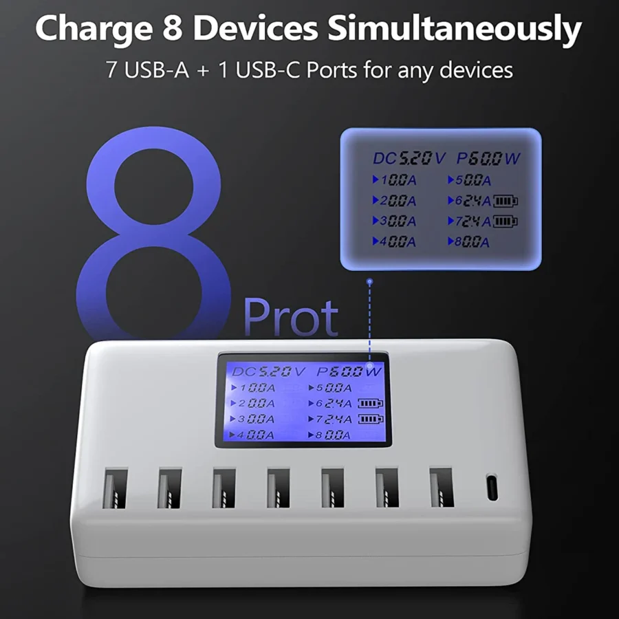 USB Charging Station 8-Ports 60W 12A Multi USB C Hub Charger with LCD Display for Cellphone Tablet Multiple Devices iPhone 14 8 - Image 5