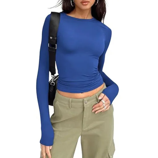Long Sleeve Crew Neck T-shirt with Solid Color and Slim Fit for Women - Image 5