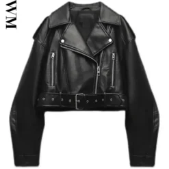 Faux Leather Biker Jacket with Belt for Women in Oversized Style