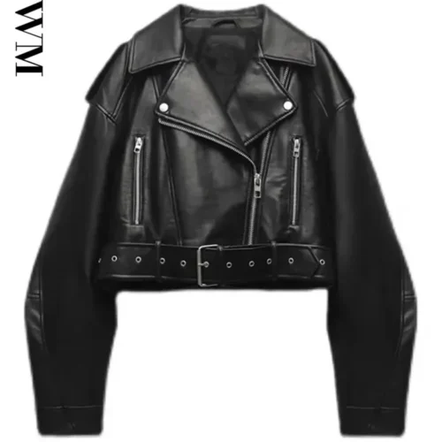 BBWM Women's Oversized Faux Leather Biker Jacket with Belt