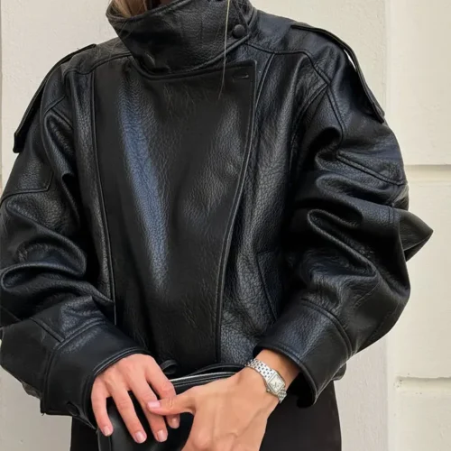 HH Women's Autumn Faux Leather Jacket - Casual Long Sleeve Zipper Coat