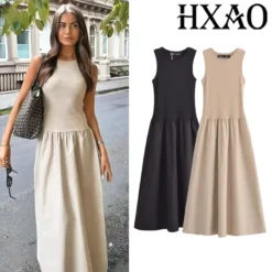 Khaki Elegant Long Dress with Sleeveless Design for Women, Spring Party Y2K Fashion
