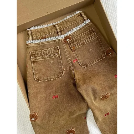 Wide Leg High Waisted Jeans with Lace Teddy Bear Embroidery for Casual Commuting - Image 3
