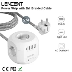 LENCENT Power Strip with 4 AC Outlets and 3 USB Ports for Home and Office Use