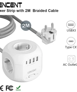 LENCENT Power Strip with 4 AC Outlets 3 USB Port 1 Type C 2M Braided Cable Multi Socket Extender with Switch for Home Office