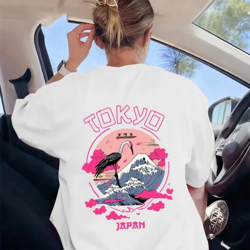 Tokyo Japan Printing T-Shirts Womens Basics Loose Short Sleeve T Shirts Casual O-Neck Soft Tops Summer Comfortable Woman Clothes
