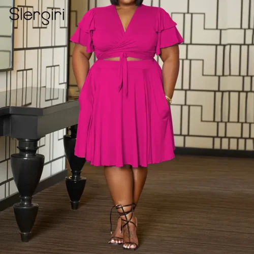 Slergiri Women's Plus Size Two 2 Piece Set Solid Wrap Tie V-Neck Short Sleeve Crop Top Pocket Midi A-Line Skirt Sets For Woman