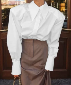 Linad Autumn Elegant White Puff Sleeve Shirt Office Lady Single-Breasted Woman Blouse 2025 Street Chic Turn Down Collar Tops