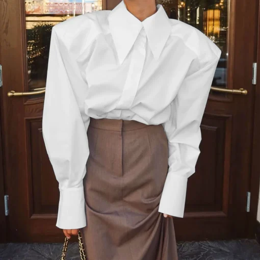 Puff Sleeve Blouse with Turn Down Collar and Single-Breasted Design for Office Ladies - Image 7