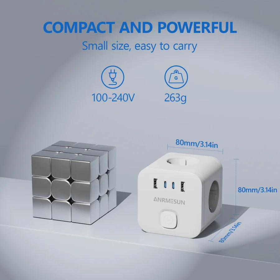Wall Socket Extender with Switch 3 Outlets 2 USB A and 2 Type C Port Portable Cube Socket Power Strip Adapter Charger For Travel - Image 5