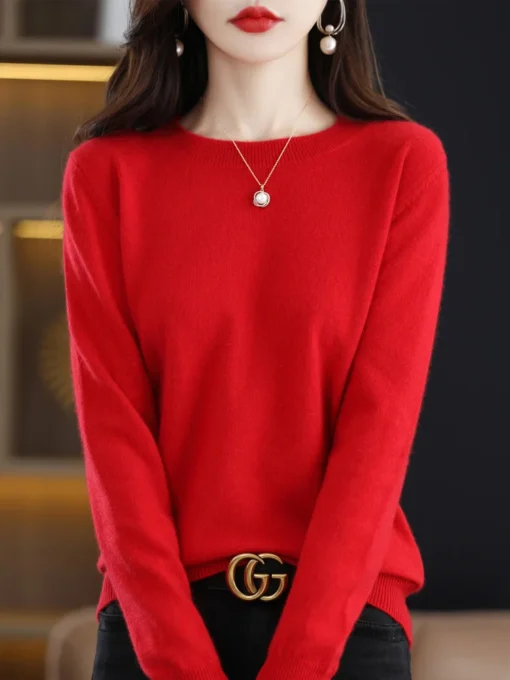 Merino Wool Sweater with O-Neck Design and Long Sleeves for Women - Image 3