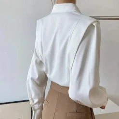 Alternative view of Casual Blouses for Women with Polo Collar and Long Sleeves in White Ruffles Streetwear