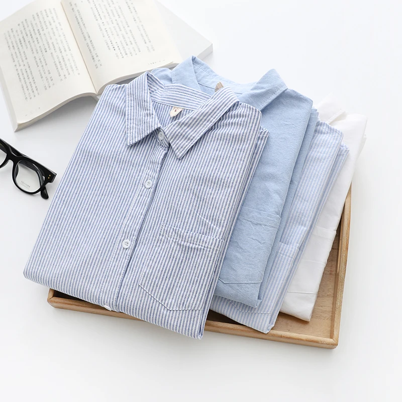 Casual Cotton Women's Oxford Shirt 2024 Autumn New Good Quality Woman Blouse and Tops Lady White Blue Striped Shirts Clothes - Image 6