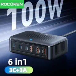 Rocoren 100W GaN USB Charger with 6 Ports for Fast Charging iPhone, Xiaomi, and POCO