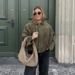 Alternative view of Women's Vintage Bomber Jacket with Turn-Down Collar and Long Sleeves