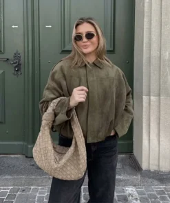 Alternative view of Women's Vintage Bomber Jacket with Turn-Down Collar and Long Sleeves