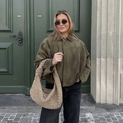 Alternative view of Women's Vintage Bomber Jacket with Turn-Down Collar and Long Sleeves