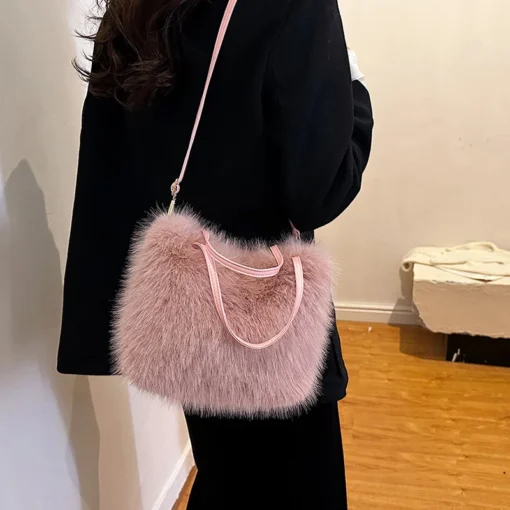 Faux Fur Tote Bag with Bucket Design for Women’s Stylish Winter Use - Image 4