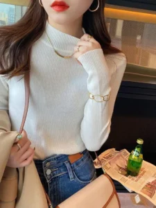 Mock Neck Knit Sweater with Vintage Solid Design for Women - White, One Size