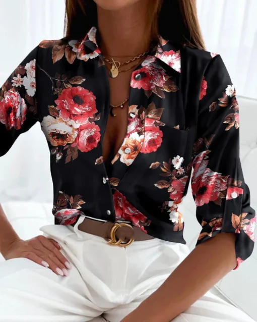 Print Shirt Women Blouse with Turn Down Collar and Pocket for Office Ladies in Spring Summer 2025 - Image 6