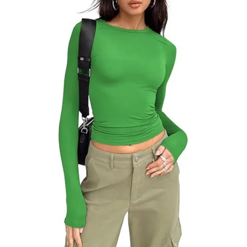 Long Sleeve Crew Neck T-shirt with Solid Color and Slim Fit for Women - Image 6