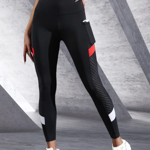 Colorblocked Mesh High Waist Yoga Pants with Side Pockets Leggings for Women Tummy Control Workout Shaping Leggings