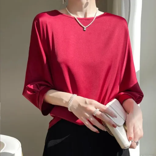 Satin Silk Half-Sleeve Tee Tops with O-neck Design for Women - Image 4