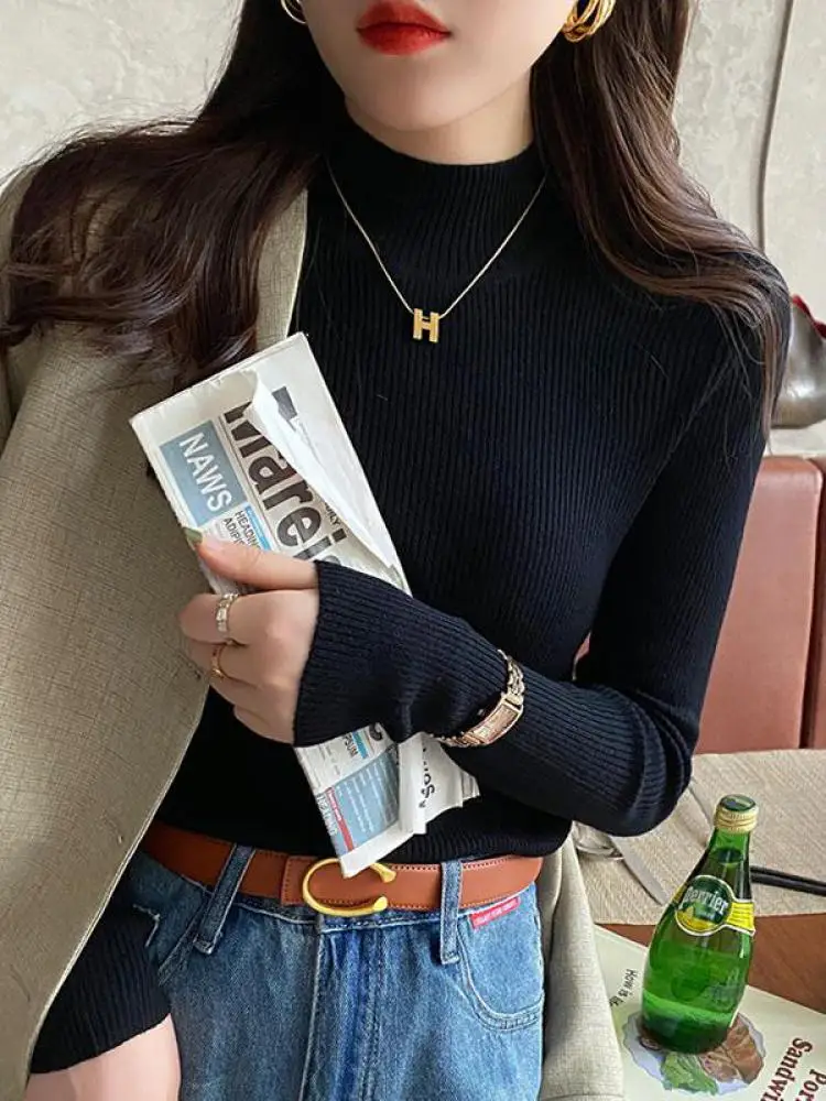 Autumn Winter Mock Neck Women Sweater Vintage Basic Solid Knitted Korean Tops Casual Slim Pullover Sweaters Simple Chic Jumpers - Image 6