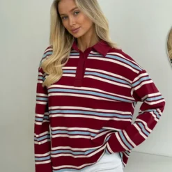 Alternative view of Oversized Long Sleeve T-Shirt with Vintage Inspired Striped Polo Collar for Women