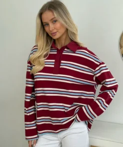 Alternative view of Wolfeel Women's Vintage Inspired Retro Striped Polo Collar Oversized Drop Shoulder Long Sleeve T-Shirt Trendy Casual Top
