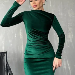 Velvet Midi Dress with Ruched Design for Women in Elegant Green for Spring Summer 2024