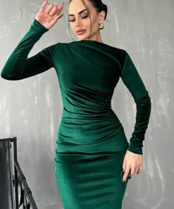 Dulzura 2024 Spring Summer Velvet Long Sleeve Midi Dress For Women Ruched Long Dress Elegant Party Clothes Evening Green Outfits